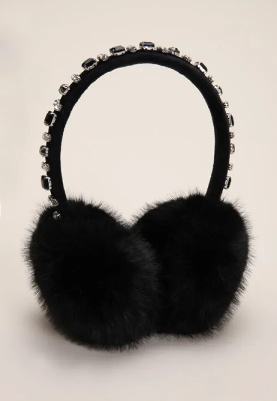 Womens Black Embellished Fluffy Earmuffs sold by Peacocks