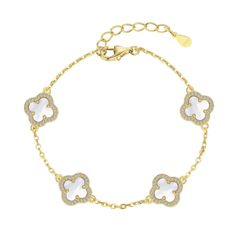 Gold Mini White Iced Clover Bracelet sold by Luxe Emporium