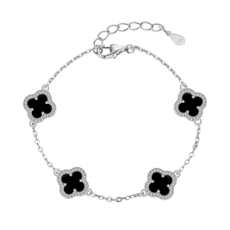 Sterling Silver Mini Black Onyx Iced Clover Bracelet sold by Luxe Emporium