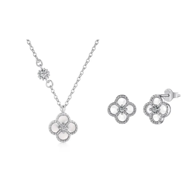Sterling Silver White Clover Necklace and Earring Set sold by Luxe Emporium