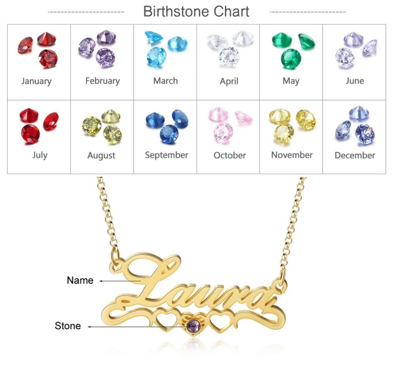 Sterling Silver Personalised Script Heart Birthstone Name Necklace sold by Luxe Emporium product image thumbnail 2
