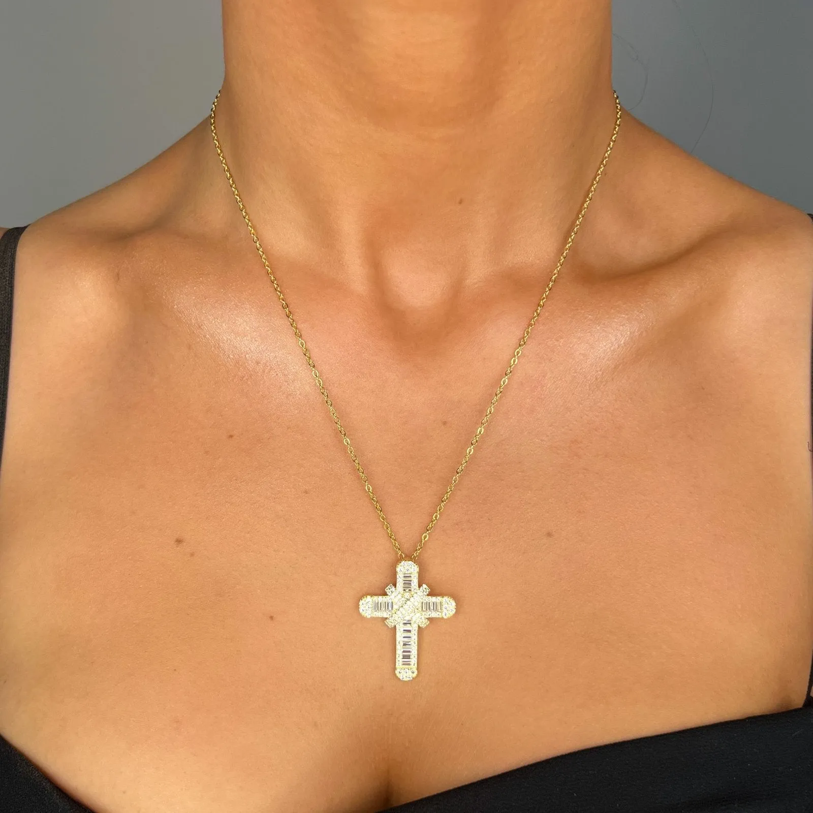 Gold Baguette Cross Pendant Necklace sold by Luxe Emporium product image thumbnail 2