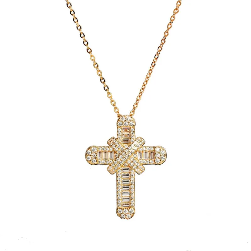 Gold Baguette Cross Pendant Necklace sold by Luxe Emporium