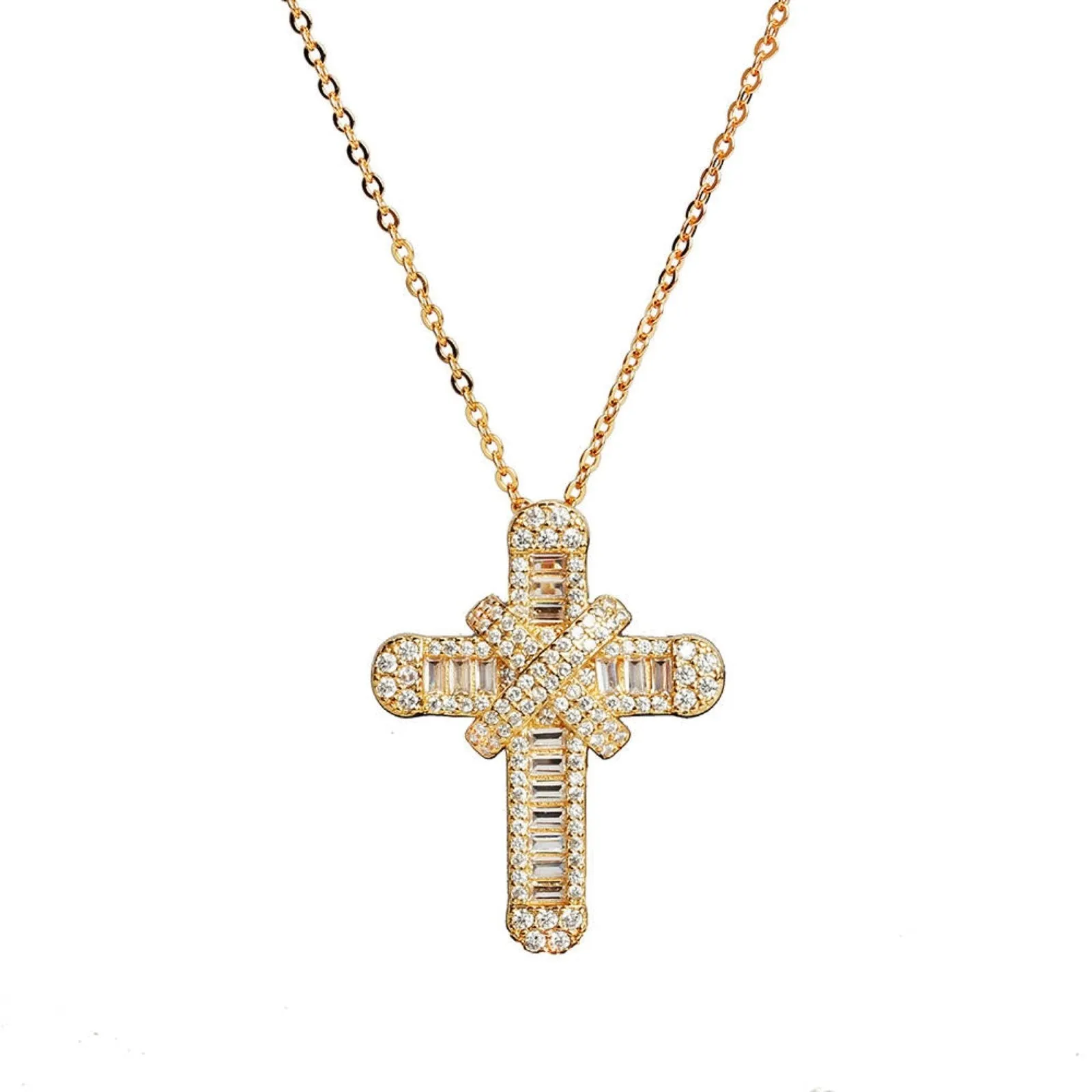 Gold Baguette Cross Pendant Necklace sold by Luxe Emporium