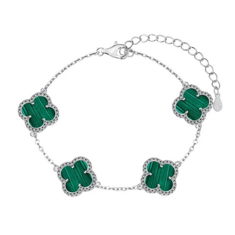 Sterling Silver Green Iced Clover Bracelet sold by Luxe Emporium