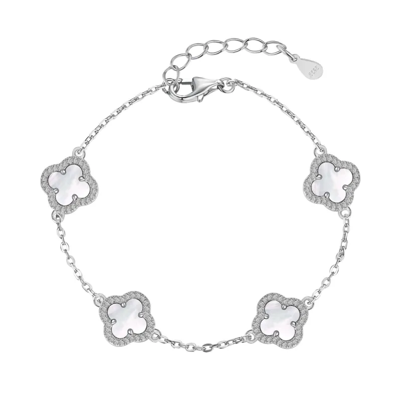 Sterling Silver Mini White Shell Iced Clover Bracelet sold by Luxe Emporium