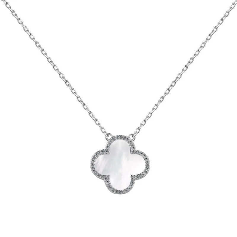 Sterling Silver Aura White Iced Clover Necklace sold by Luxe Emporium
