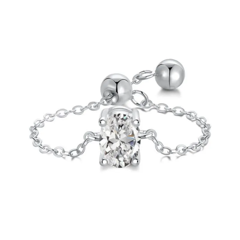 Sterling Silver Adjustable Chain Solitare Ring sold by Luxe Emporium