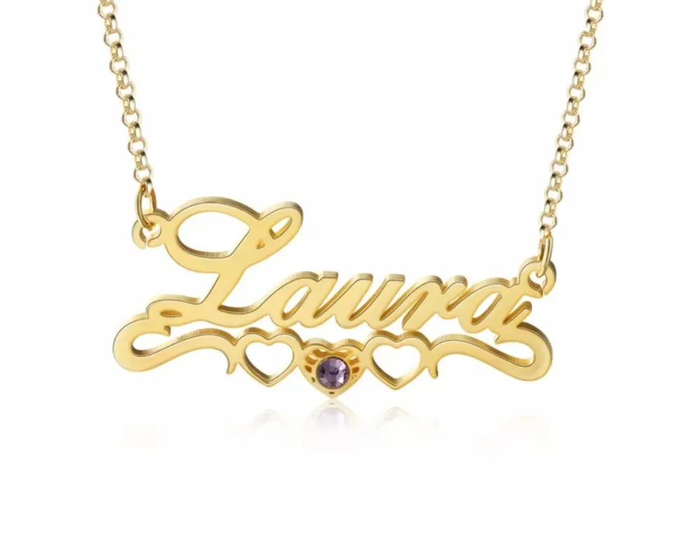 Sterling Silver Personalised Script Heart Birthstone Name Necklace sold by Luxe Emporium