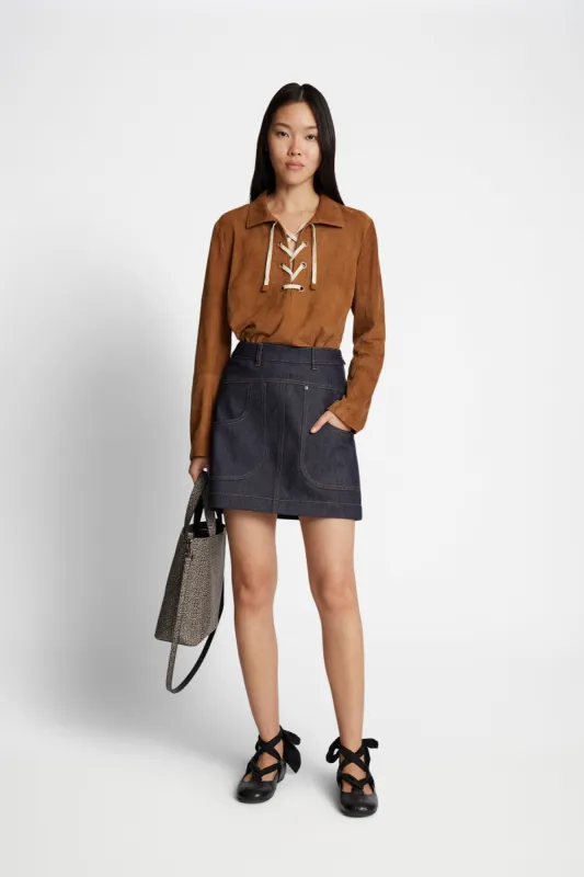 Raw Indigo Wash Contrast Stitch Denim Mini Skirt | Parallel