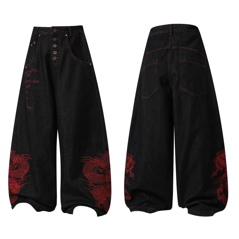 Omirad Dragon Embroidered Wide-Leg Denim Pants made by Omirad