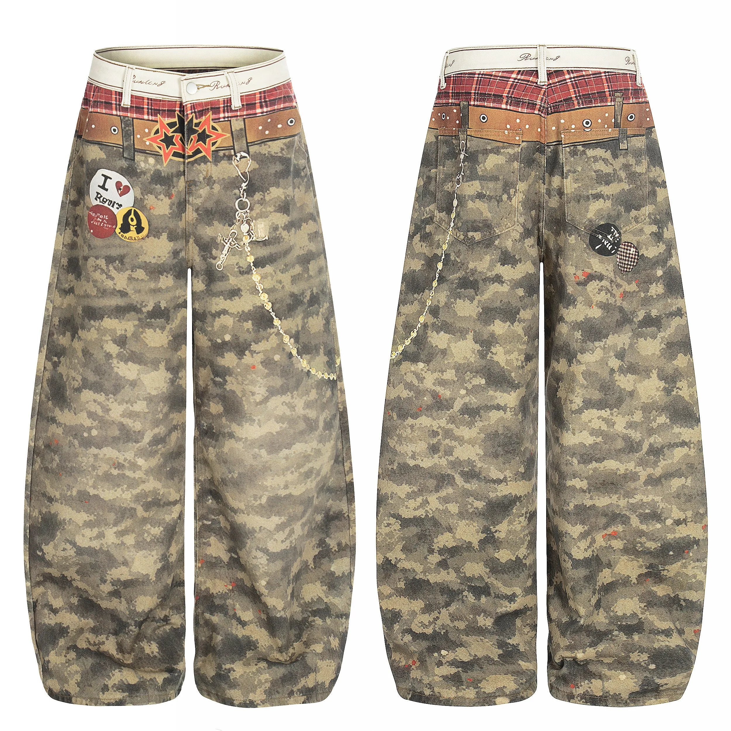 Omirad Camo Patchwork Wide-Leg Denim Pants sold by Omirad