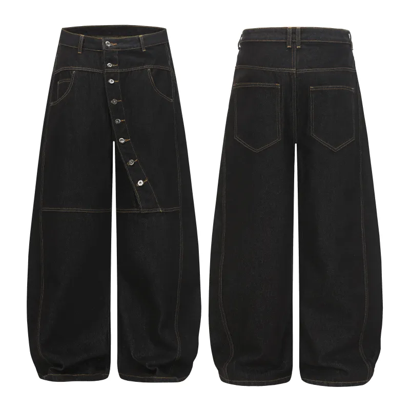 Omirad Asymmetric Button Wide-Leg Denim Pants made by Omirad