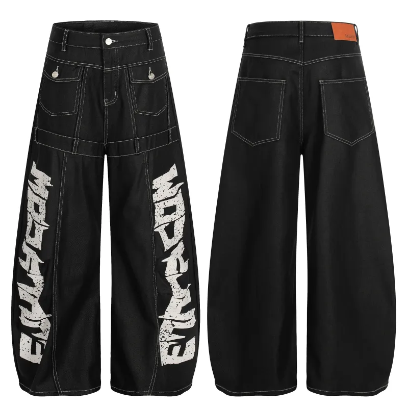 Omirad Printed Contrast Stitch Wide Denim Pants made by Omirad