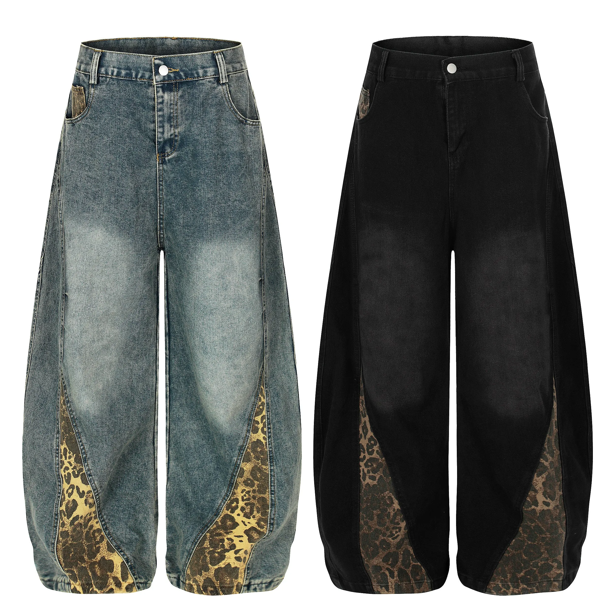 Omirad Leopard-Panel Wide-Leg Denim Pants sold by Omirad