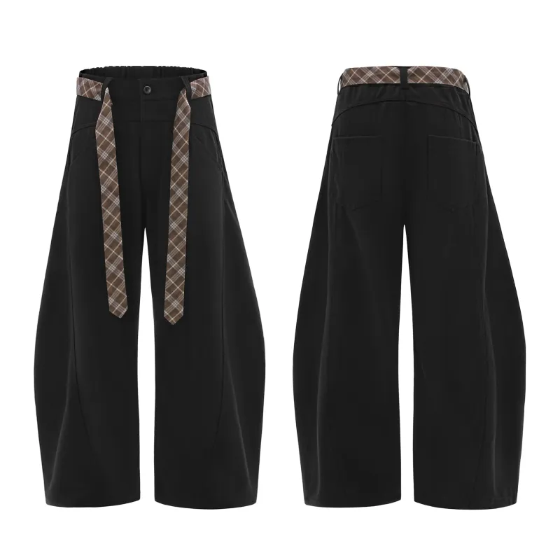 Omirad Plaid-Belt Curved Leg Pants made by Omirad