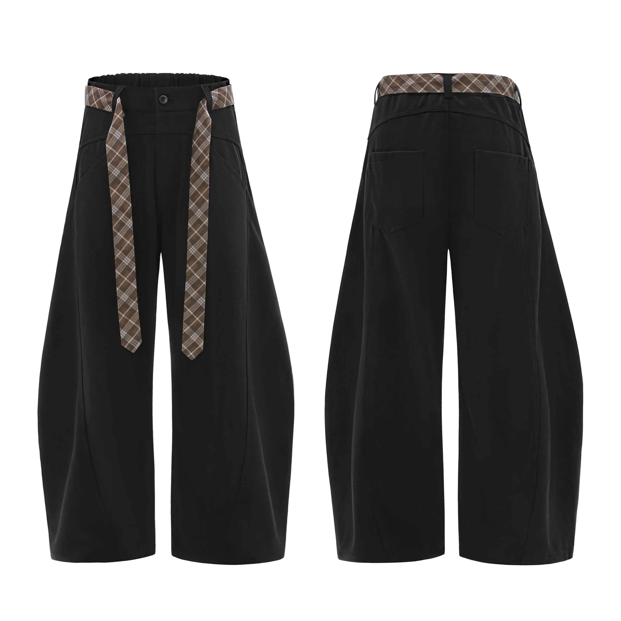 Omirad Plaid-Belt Curved Leg Pants sold by Omirad