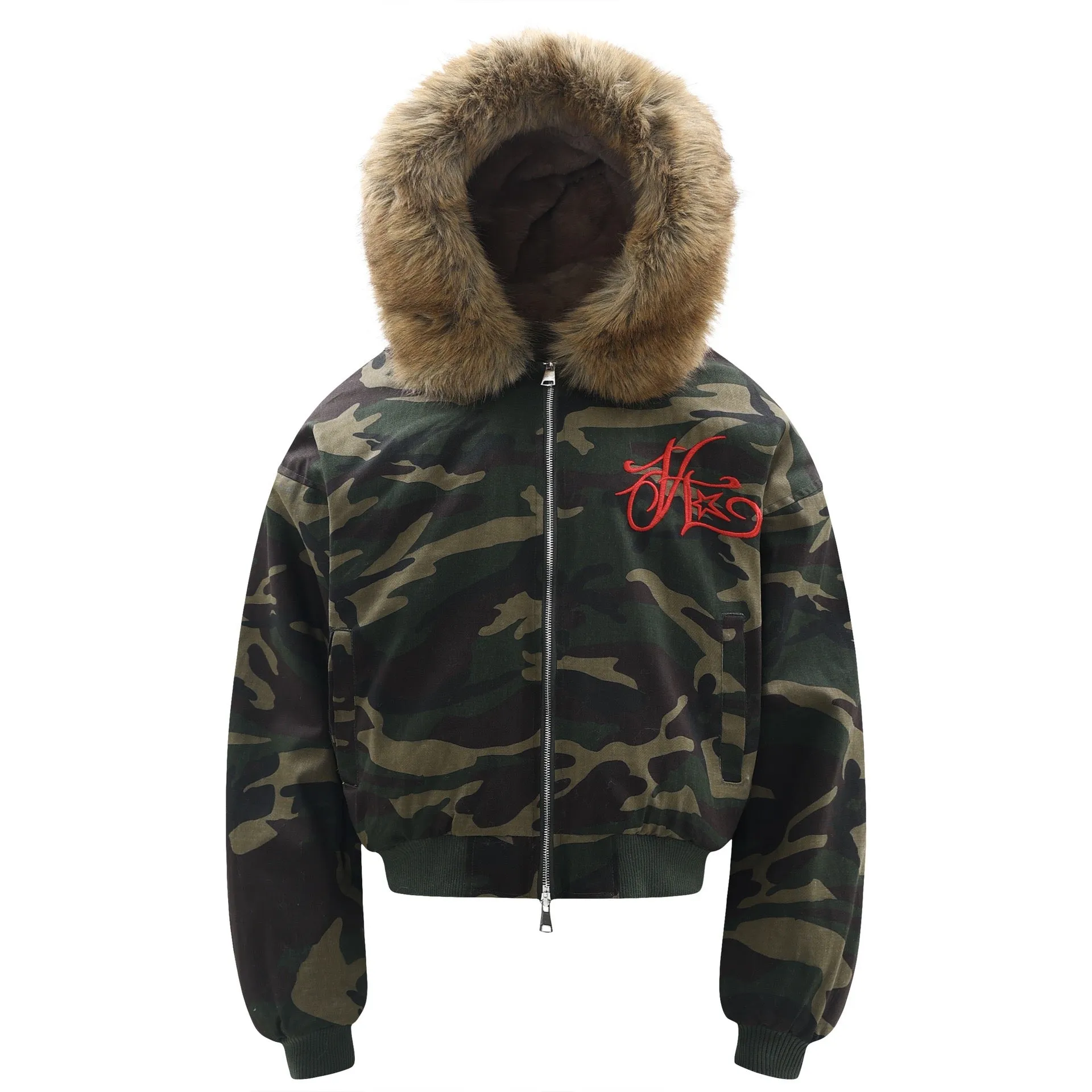 Omirad Camo Faux-Fur Hooded Embroidered Jacket sold by Omirad
