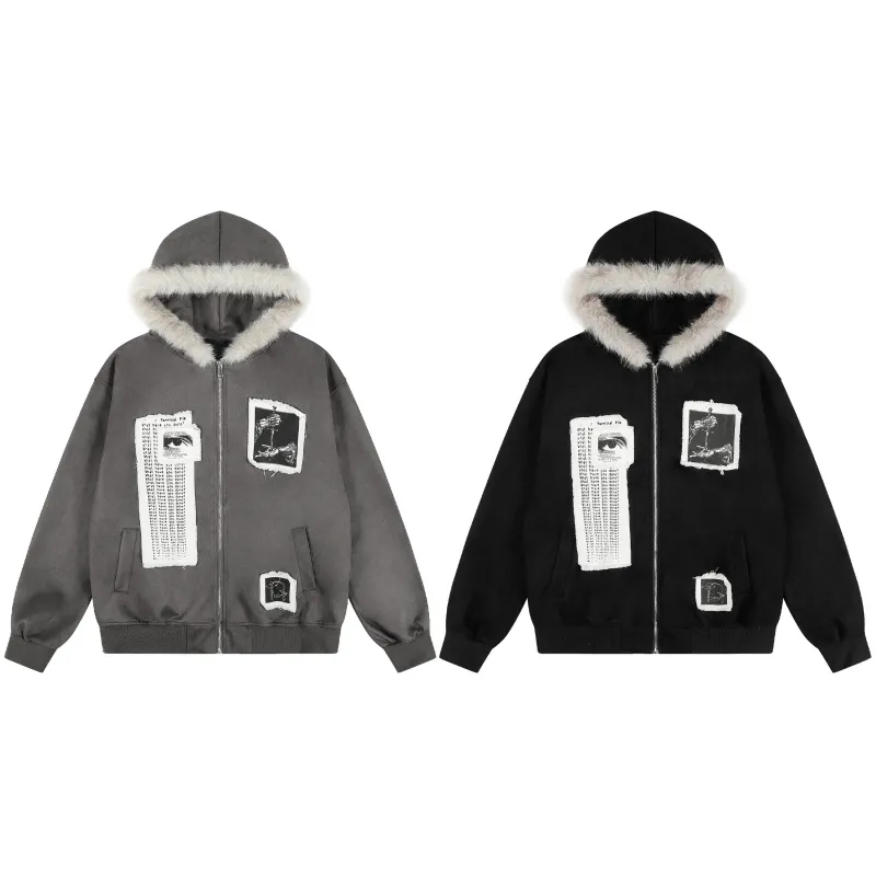 Omirad Graphic Faux-Fur Hooded Zip Jacket made by Omirad