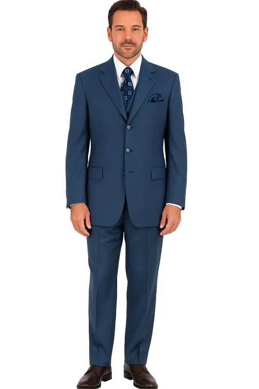 Mens Steel Blue 3-Button Classic Suit - Formal Business Attire with Vest, Tie and Pocket Square made by Alberto Nardoni
