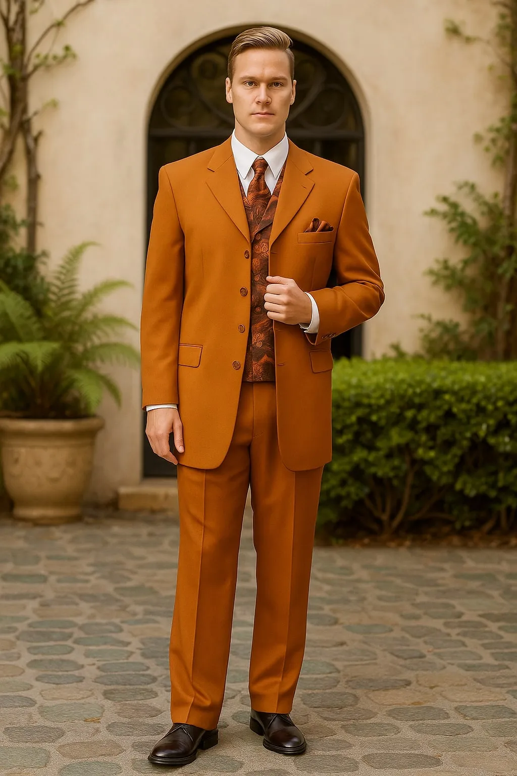 Mens Rust 3-Piece Fashion Suit - Notch Lapel with Paisley Vest, Tie and Pocket Square - Zoot Suit sold by Alberto Nardoni product image thumbnail 5