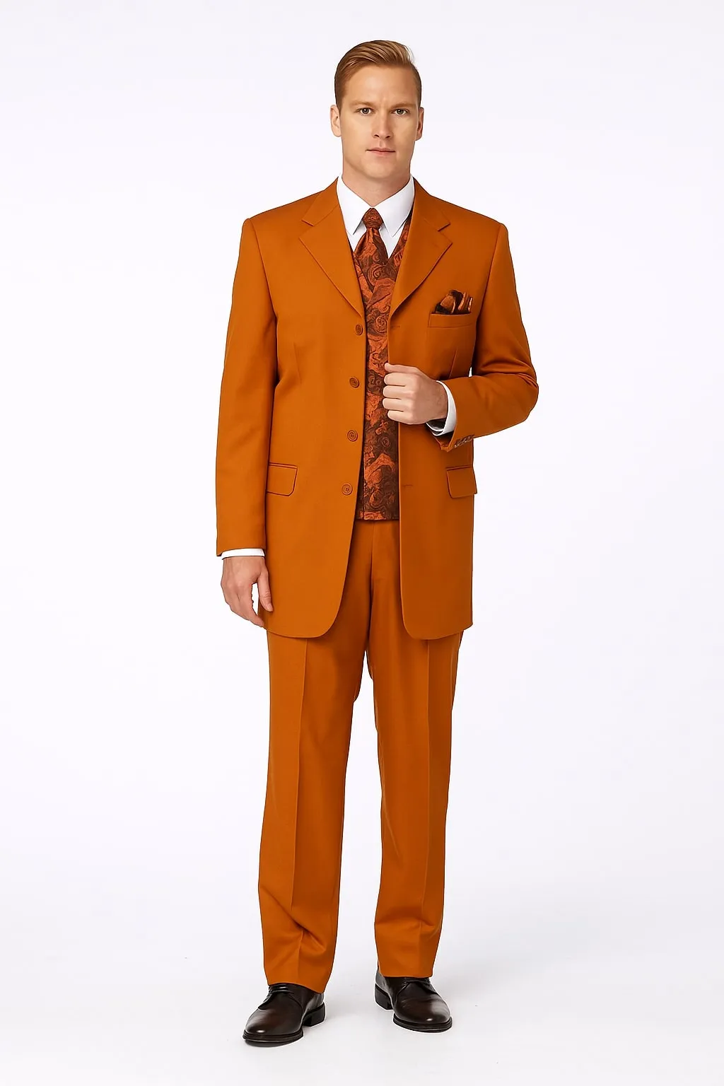 Mens Rust 3-Piece Fashion Suit - Notch Lapel with Paisley Vest, Tie and Pocket Square - Zoot Suit sold by Alberto Nardoni product image thumbnail 2
