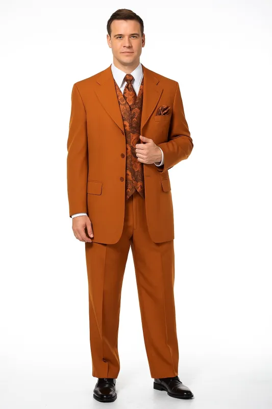 Mens Rust 3-Piece Fashion Suit - Notch Lapel with Paisley Vest, Tie and Pocket Square - Zoot Suit sold by Alberto Nardoni