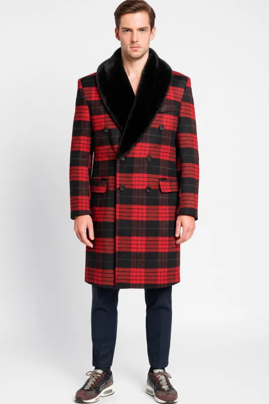 Mens Red and Black Plaid Wool Overcoat with Black Faux Fur Shawl Collar – Double-Breasted Winter Coat - Tartan Designs sold by Alberto Nardoni