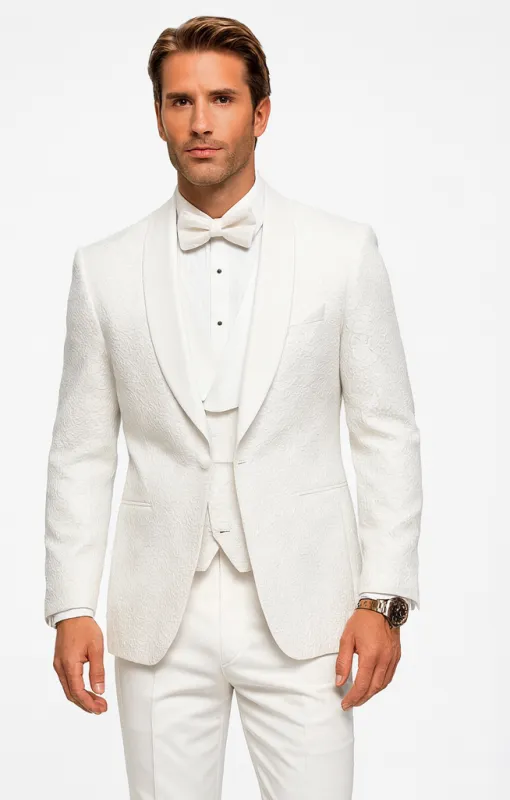 Men’s Designer White Tuxedo – Elegant Vested Floral Lace Wedding Suit sold by Alberto Nardoni