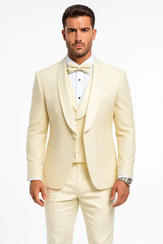 Men’s Designer Ivory Tuxedo – Elegant Vested Floral Lace Wedding Suit sold by Alberto Nardoni