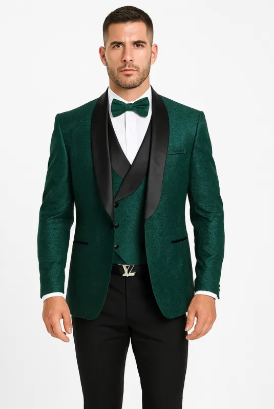 Men’s Designer Hunter Green Tuxedo – Vested Floral Lace Wedding Outfit sold by Alberto Nardoni