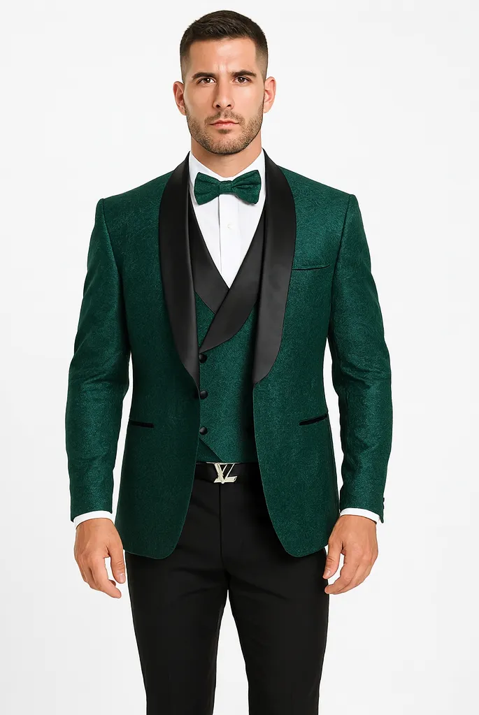 Mens Designer Hunter Green Tuxedo - Vested Floral Lace Wedding Outfit sold by Alberto Nardoni