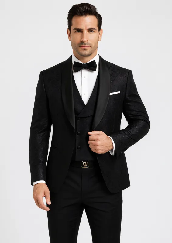 Stylish Black Floral Lace Men's Tuxedo with Vest – Ideal for Weddings & Events sold by Alberto Nardoni