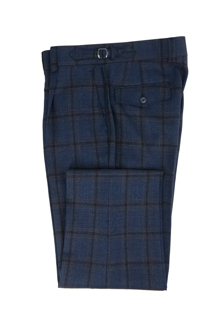 Tiglio Luxe Blue with Brown Windowpane Semi-Wide Leg Wool Marbella Dress Pants TL8101 sold by Alberto Nardoni
