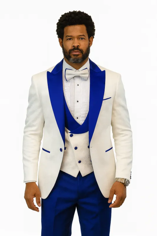 Hilton White and Royal Blue Paisley Peak Lapel Tuxedo Jacket with Matching Shawl Vest and Wool Pants â€“ Includes Bow Tie sold by Alberto Nardoni