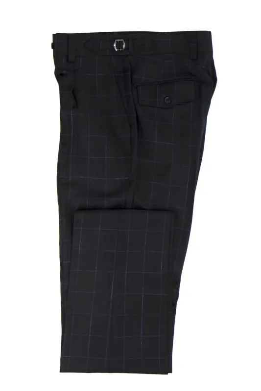 Tiglio Luxe Black with Light Blue Windowpane Semi-Wide Leg Wool Marbella Dress Pants TL5103 sold by Alberto Nardoni