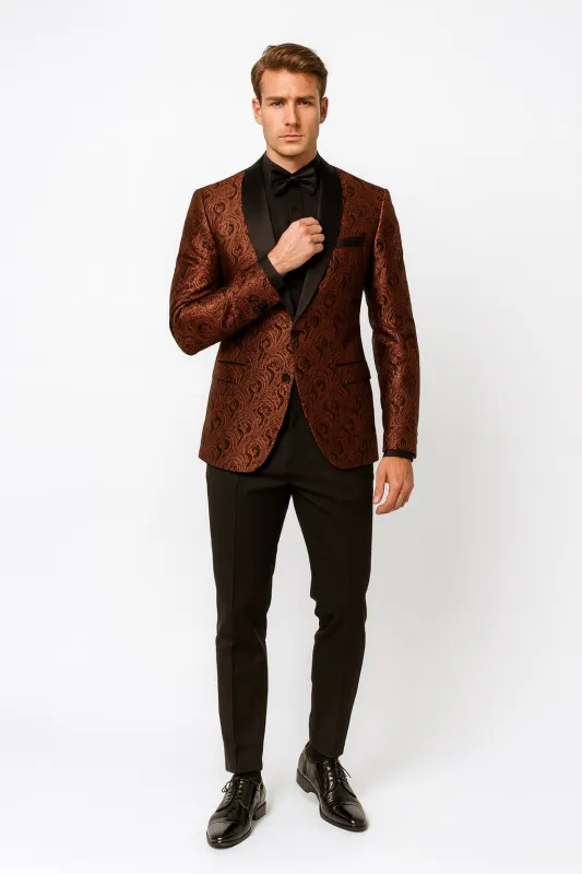 Mens Rust Copper Brick Color Paisley Tuxedo Jacket  Dinner and Wedding Blazer With Black Pants Matching Bowtie sold by Alberto Nardoni