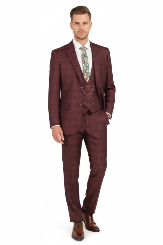 Men’s Burgundy Checkered 3-Piece Suit – Windowpane Classic Fit Plaid Blazer with Vest and Pants sold by Alberto Nardoni