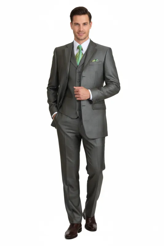 Mens Olive Green 3-Piece Suit - Classic Fit with Vest and Tie Pleated Pants Three Buttons sold by Alberto Nardoni