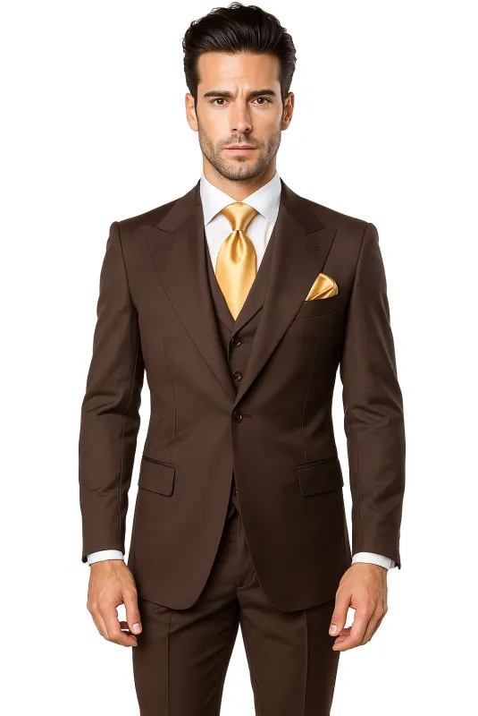 Suits With Baggy Pleated Pants - Wide Leg Pants 100% Wool - Classic Fit in Brown One Button 3 Piece Suit  by Rossiman sold by Alberto Nardoni