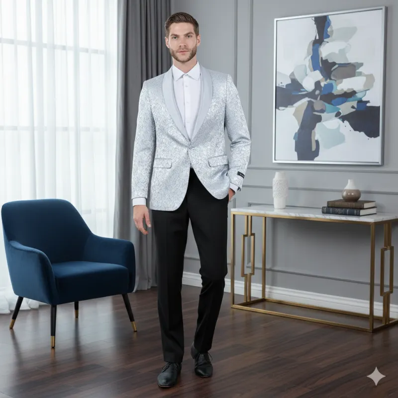 Big and Tall Men’s Silver Gray Paisley Tuxedo Jacket – Satin Shawl Lapel Blazer for Weddings, Proms, and Formal Events sold by Alberto Nardoni