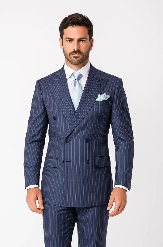 Suits With Baggy Pleated Pants - Wide Leg Pants 100% Wool - Classic Fit in Navy with White Pinstripe Color by Rossiman sold by Alberto Nardoni