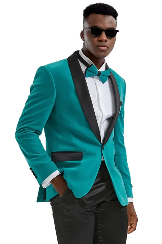 Mens Teal Velvet Tuxedo Jacket - Slim Fit Shawl Lapel Wedding and Prom Style made by Alberto Nardoni