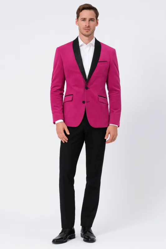 Mens Fuchsia Tuxedo Blazer with Black Satin Lapel - Stylish Party and Wedding Jacket in Hot Pink Color with Black Pants made by Alberto Nardoni