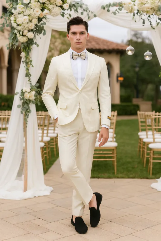 Mens Ivory Floral Embroidered Tuxedo Jacket - Elegant Wedding and Party Blazer in Cream Color With Ivory Pants made by Alberto Nardoni