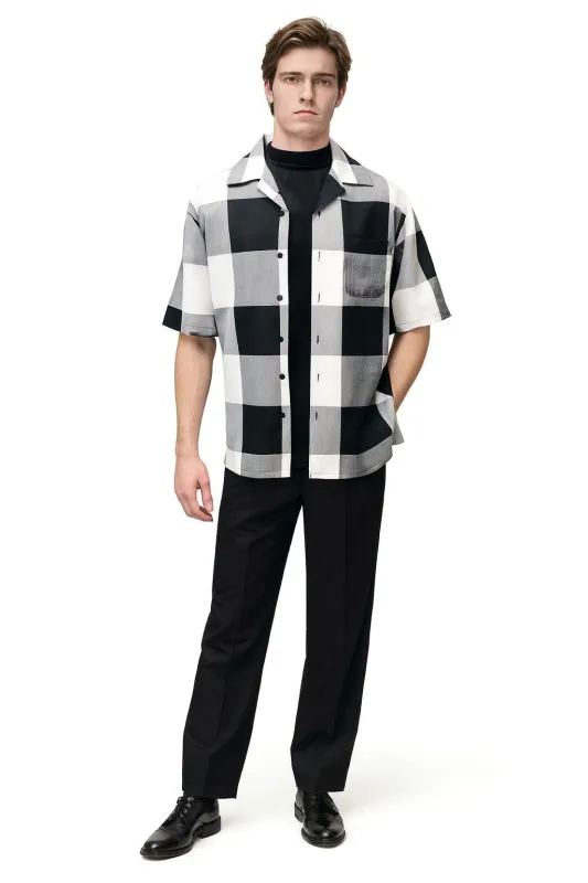 Mens Black and White Checkered Short Sleeve Shirt Set - Casual Two-Piece Summer Outfit made by Alberto Nardoni