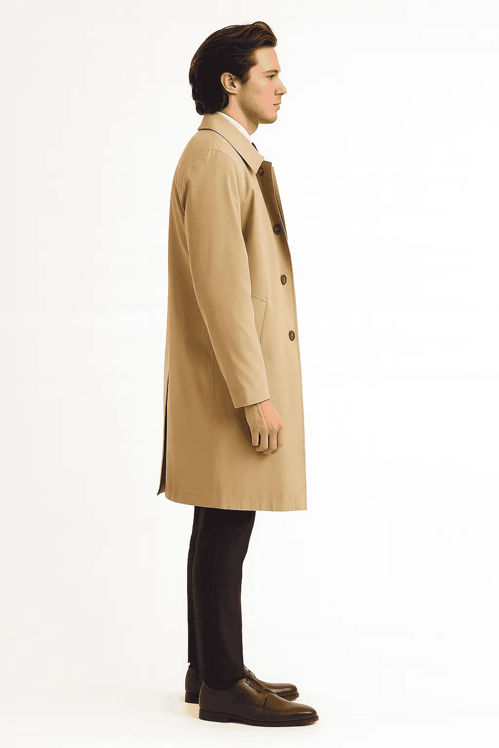 Mens Beige Trench Coat – Classic Long Overcoat with Button Front - Raincoat in Khaki Color sold by Alberto Nardoni product image thumbnail 2