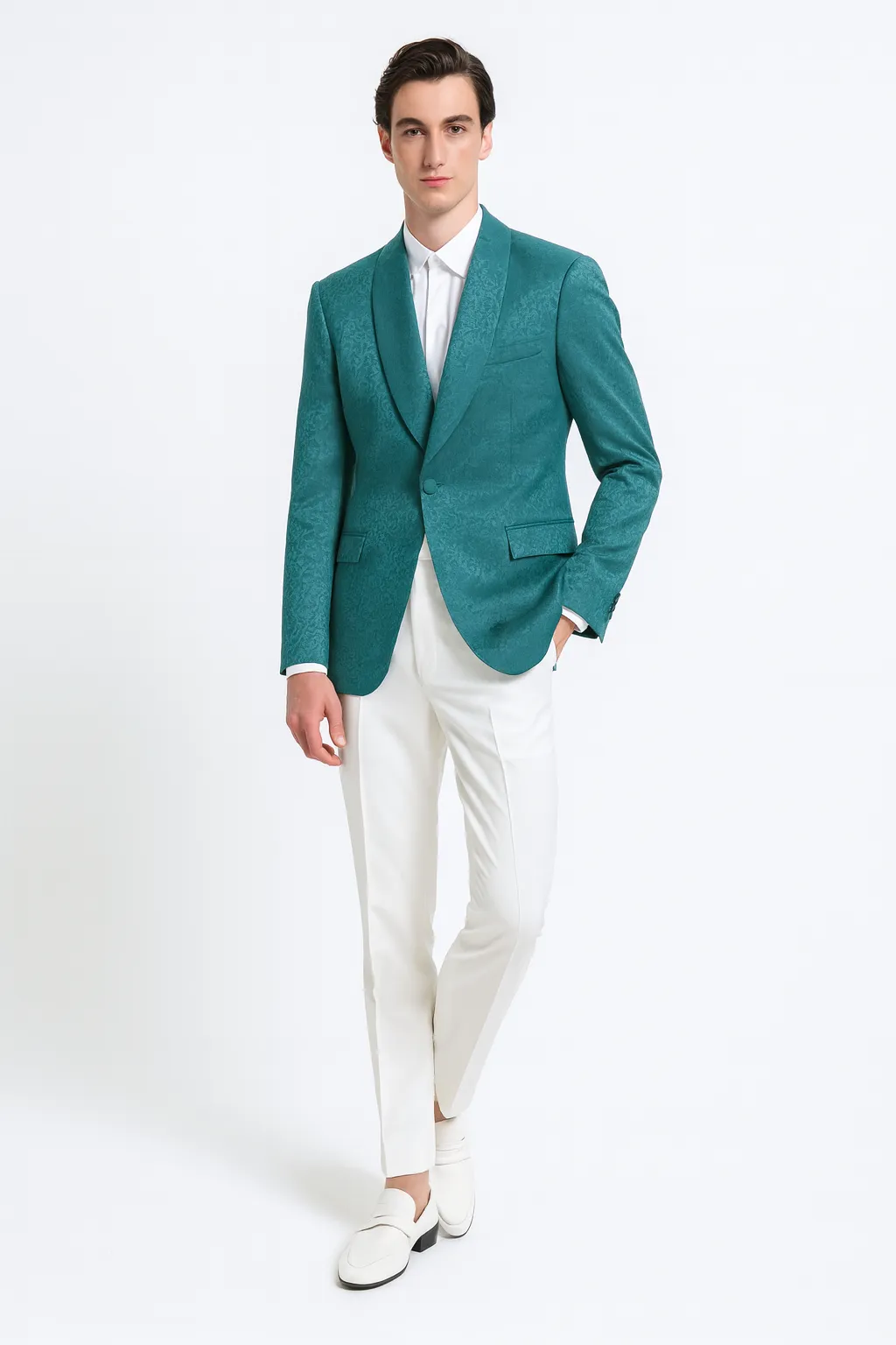 Mens Teal Green Floral Jacquard Blazer - Slim Fit Tuxedo Jacket for Weddings, Proms, and Parties sold by Alberto Nardoni product image thumbnail 5