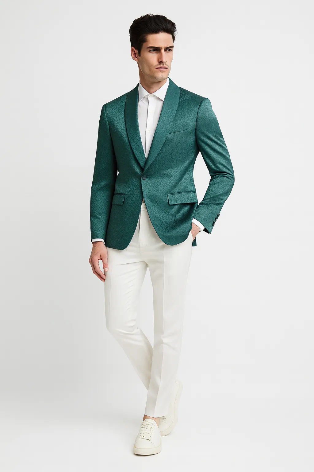 Mens Teal Green Floral Jacquard Blazer - Slim Fit Tuxedo Jacket for Weddings, Proms, and Parties sold by Alberto Nardoni
