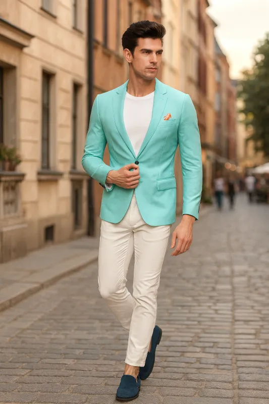 Men’s Aqua Blazer – Slim Fit One Button Suit Jacket with Stylish Floral Inner Lining - Light Turquoise sold by Alberto Nardoni